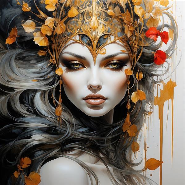 عکس زن سلطنتی مو مشکی و تاج طلایی پاییزی برای تابلو دکوراتیو مدرن