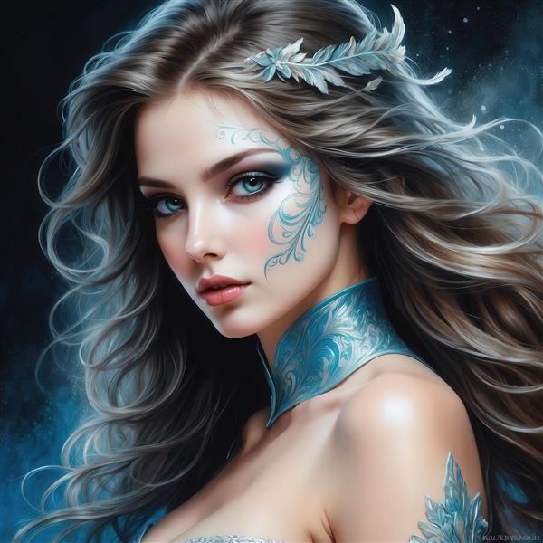 تصویر چهره زن زیبا مو بلند با آرایش آبی برای چاپ روی کوسن و ماگ