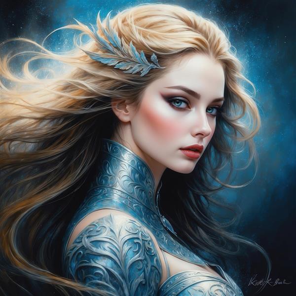 طرح چهره زن جنگجو بلوند با لباس فلزی آبی برای پوستر مدرن