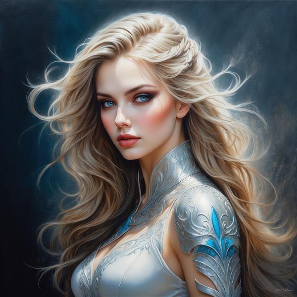 طرح زن فانتزی با موی بلوند و زره نقره‌ای برای چاپ روی روتختی
