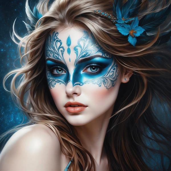 عکس دختر با نقاب و ماسک آبی پردار برای پوستر دیواری فانتزی