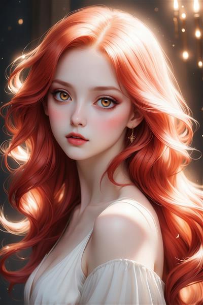 تصویر دختر فانتزی با موی مسی و لباس سفید بنددار برای تابلو