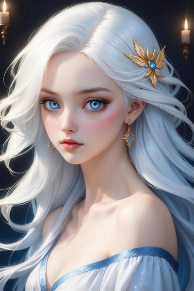 طرح دختر با موی سفید و سنجاق طلایی آبی برای چاپ روی پرده