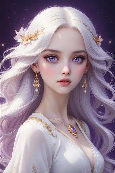 عکس دختر فانتزی با موی بنفش روشن و گردنبند یاقوتی برای دکور