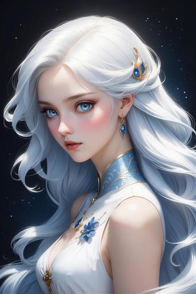 تصویر دختر فانتزی با موی سفید و لباس یقه بلند آبی برای دکور