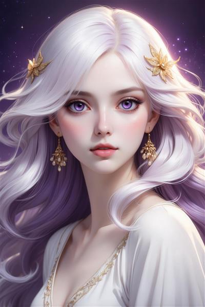 عکس دختر فانتزی با موی یاسی و گل‌های طلایی برای پوستر دیواری