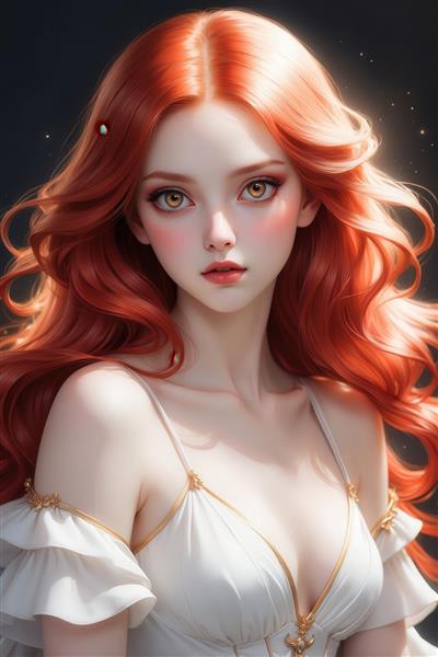 تصویر دختر با موی مسی موج‌دار و لباس سفید باز برای تابلو