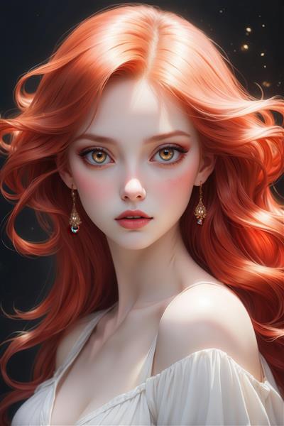 طرح دختر فانتزی با موی قرمز روشن و گوشواره طلایی برای دکور