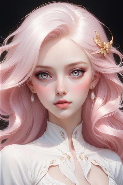 تصویر دختر فانتزی با موی صورتی و گوشواره مرواریدی برای چاپ