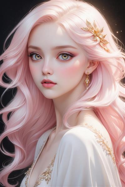 عکس دختر فانتزی با موی صورتی و گل طلایی برای پوستر دیواری