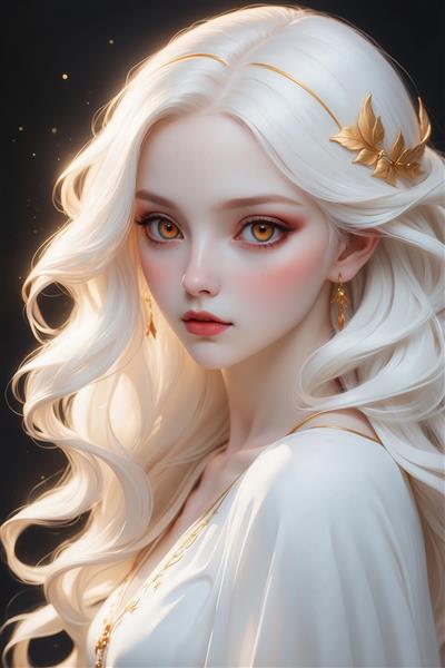 تصویر دختر با موی سفید موج‌دار و سنجاق برگ طلایی برای دکور