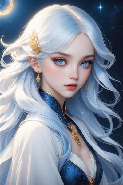 طرح دختر با موی سفید و گردنبند آبی برای چاپ روی ماگ و کوسن