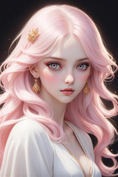 عکس چهره دختر با موی صورتی کمرنگ و گوشواره طلایی برای تابلو