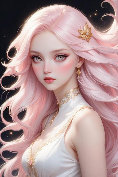تصویر دختر فانتزی با موی صورتی موج‌دار و لباس سفید برای چاپ