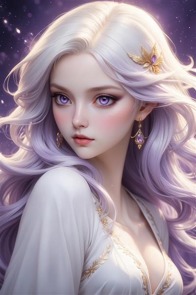 طرح چهره دختر فانتزی با موی یاسی و گوشواره بنفش برای دکور