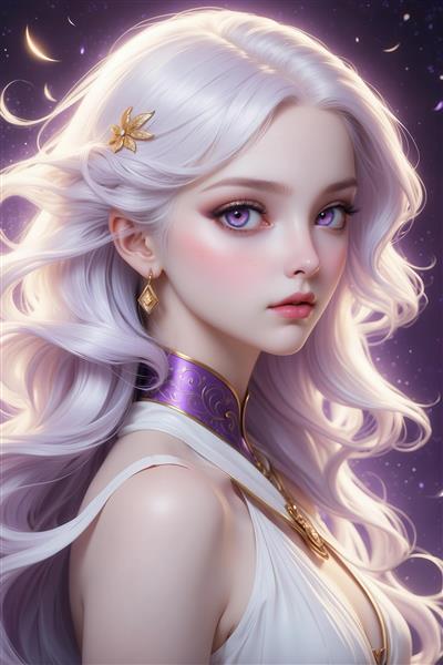 تصویر دختر فانتزی با موی یاسی و لباس سفید برای چاپ روی روتختی
