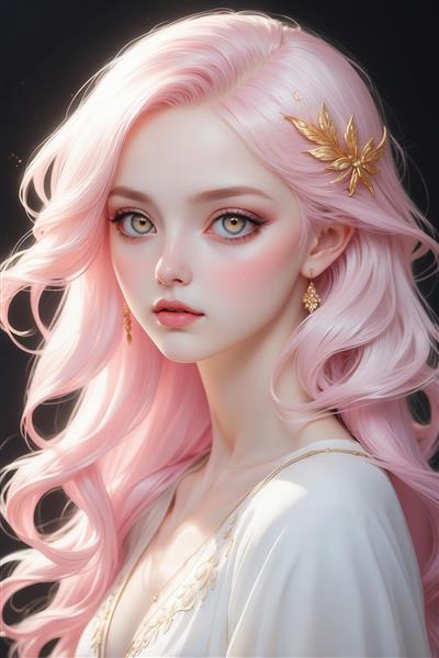 عکس دختر فانتزی با موی صورتی موج‌دار و گوشواره طلایی برای دکور