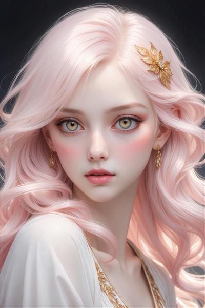 تصویر چهره دختر با موی صورتی کمرنگ و سنجاق برگ طلایی