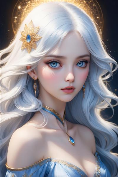 تصویر دختر با موی سفید و هاله‌ی نور برای چاپ روی پرده یا ماگ