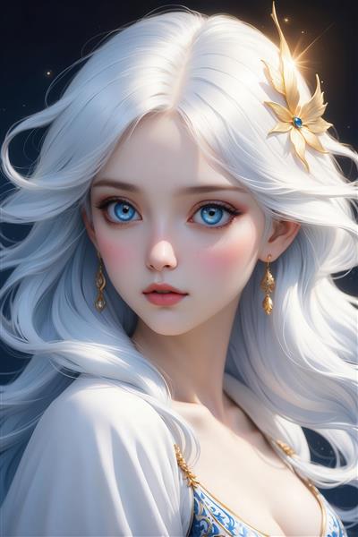 عکس چهره دختر فانتزی با موی سفید و سنجاق طلایی آبی برای دکور