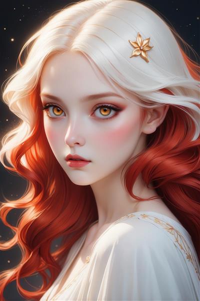 عکس دختر فانتزی با موی دو رنگ قرمز و سفید برای تابلو دکوراتیو