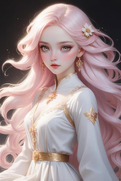 تصویر چهره دختر با موی صورتی و گل سفید طلایی برای چاپ روی روتختی