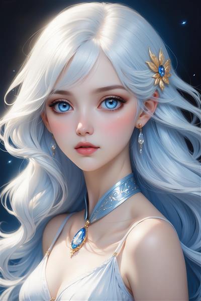 عکس دختر فانتزی با موی آبی روشن و گردنبند یاقوتی برای دکور