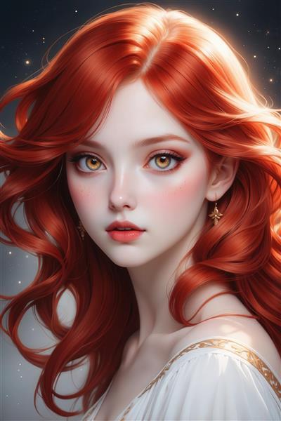 طرح چهره دختر فانتزی با موی قرمز و پس‌زمینه ستاره‌ای برای پوستر