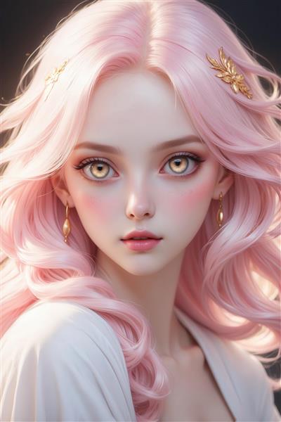 تصویر چهره دختر با موی صورتی روشن و چشم‌های زرد برای چاپ