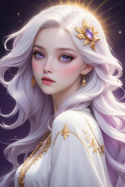 طرح دختر فانتزی با موی بنفش و چشم یاقوتی برای چاپ روی پرده