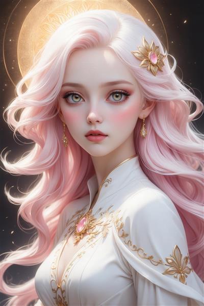 عکس چهره دختر با موی صورتی و هاله‌ی نور برای پوستر دیواری