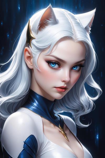 عکس دختر فانتزی گوش گربه‌ای با لباس سفید و آبی برای دکور