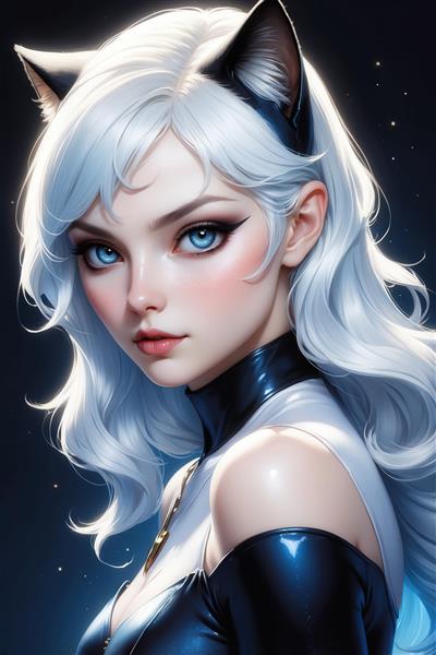 تصویر فانتزی دختر کاراکتر گربه‌ای با موهای سفید و گوش مشکی