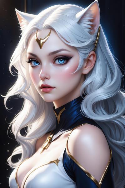 طرح دختر فانتزی گربه‌ای با موی موج‌دار سفید و چشم آبی برای تابلو