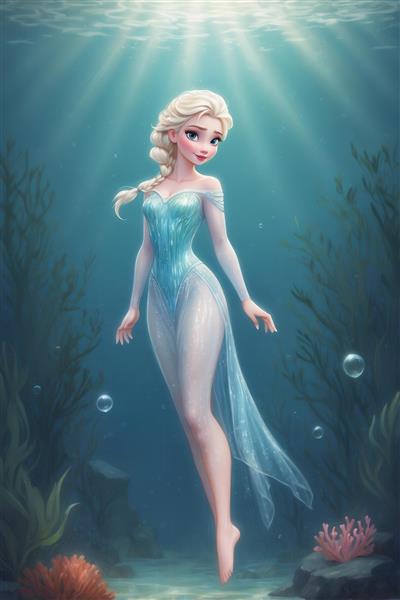 تصویر السا پرنسس دیزنی شناور در زیر آب برای چاپ روی پرده