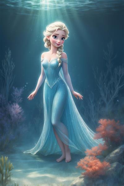 عکس کارتونی السا فروزن با لباس آبی در اعماق آب برای پوستر