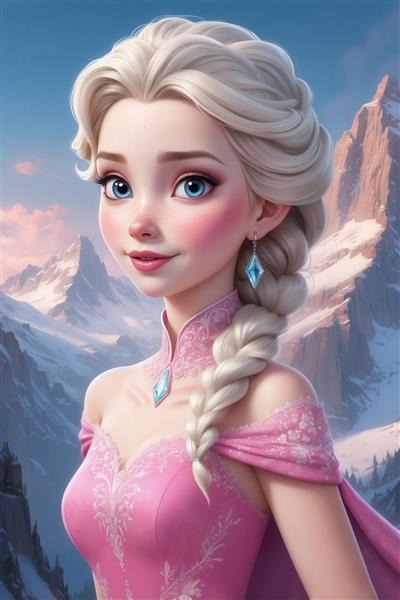 عکس باکیفیت السا با لباس صورتی و موی بافته در کوهستان برای پوستر