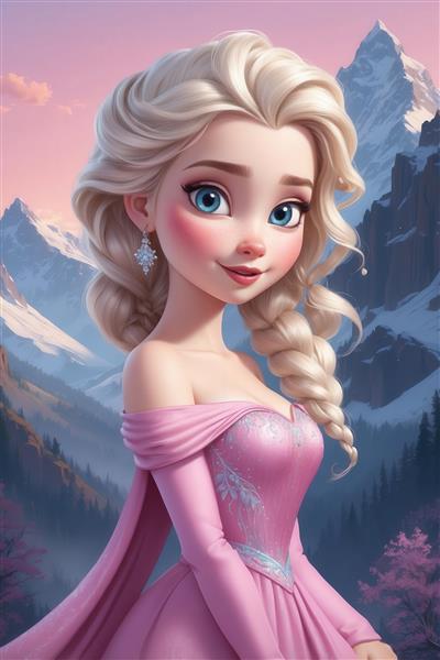 عکس باکیفیت السا با لباس صورتی در کوهستان برای پوستر و چاپ اتاق کودک