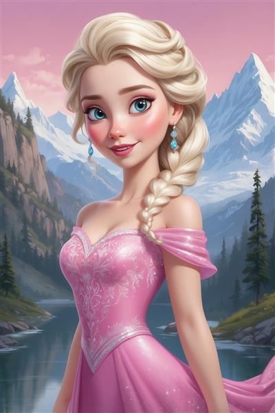 عکس باکیفیت السا با لباس صورتی آستین کوتاه در کوهستان برای پوستر