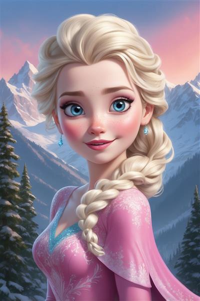 پوستر فانتزی السا با لباس صورتی و گوشواره آبی در کوهستان برفی