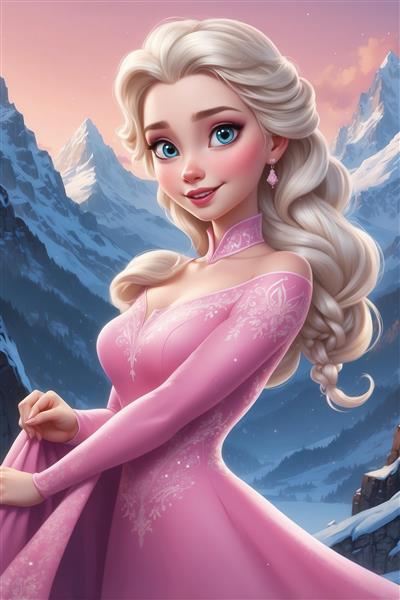 عکس باکیفیت السا با لباس صورتی آستین بلند در کوهستان برای پوستر