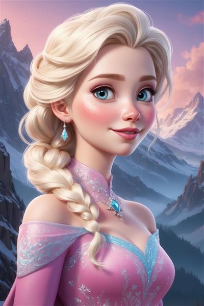 طرح دکوراتیو السا با موی بافته و لباس صورتی در پس‌زمینه کوهستان