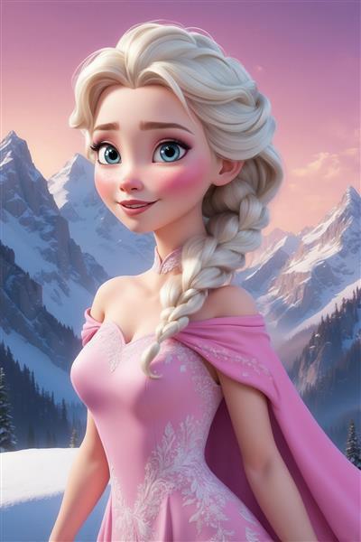 تصویر کارتونی السا با لباس صورتی و شنل در کوهستان برفی برای چاپ عریض