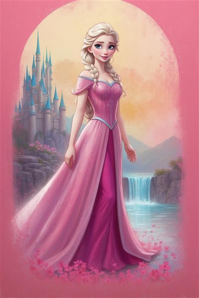 عکس فانتزی السا با لباس صورتی و آبشار در پس‌زمینه قوسی برای تابلو