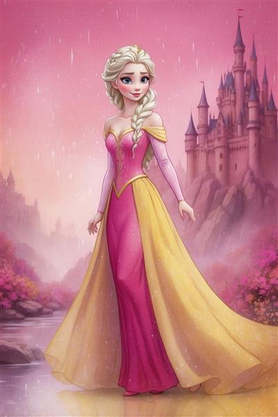 طرح دکوراتیو السا با لباس صورتی و طلایی در کنار رودخانه قصر برای چاپ