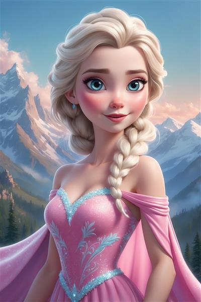 تصویر باکیفیت السا با لباس صورتی و آبی در کوهستان برای پوستر دیواری