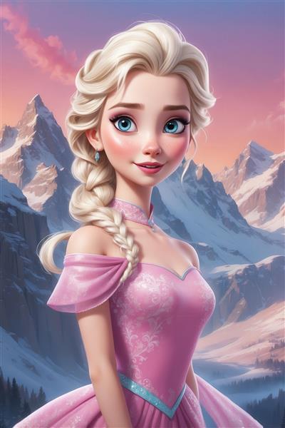 عکس کارتونی السا با لباس صورتی و بافت مو در پس‌زمینه کوهستان برفی