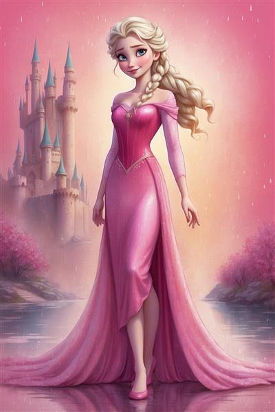 پوستر فانتزی السا با لباس صورتی چاکدار در کنار قصر برای اتاق دخترانه