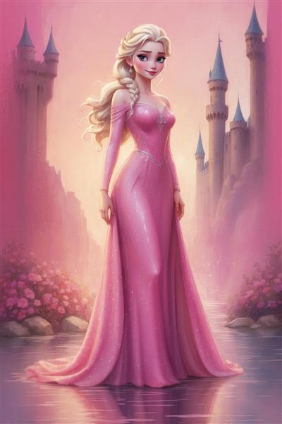 تصویر دکوراتیو السا در لباس صورتی و موی بلند در مقابل قصر برای چاپ