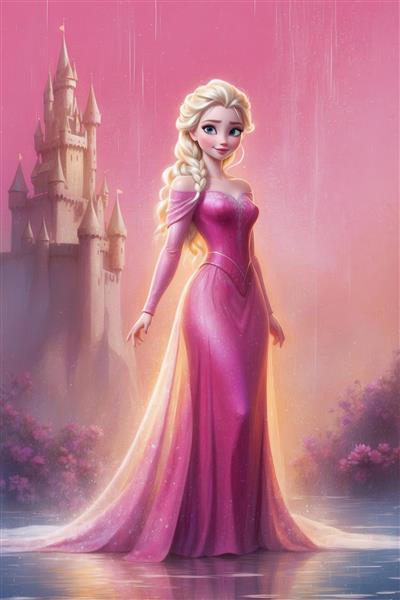 طرح کارتونی السا با لباس صورتی درخشان و موی رها شده برای پوستر